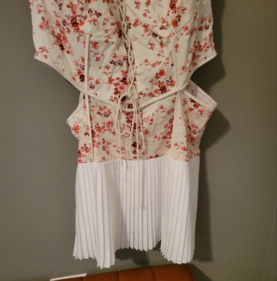 Asos Twill Corset Mini Dress With Lace Up & Pleated Skirt Floral Pink White 14 - Picture 10 of 16